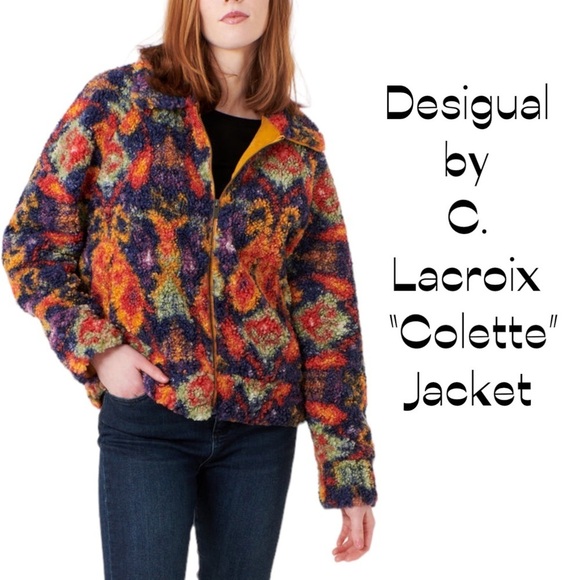 Desigual colorful sherpa fleece teddy bomber by C. Lacroix “Colette” jacket XL - Picture 14 of 16